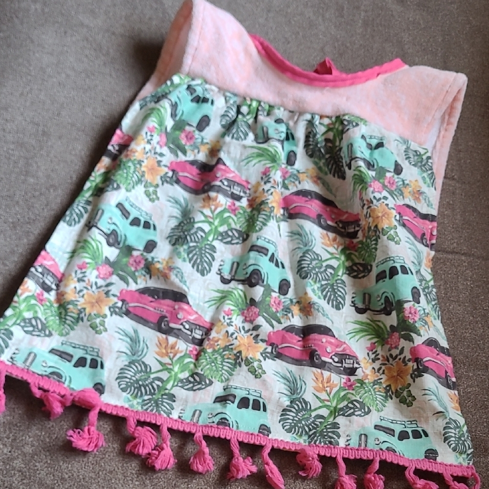 Tropical Car Print Dress with Pink Tassels